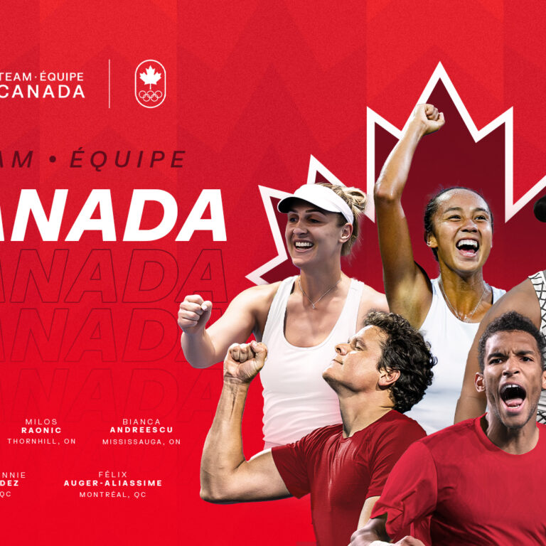 Team Canada's Olympic Tennis Team, consisting of Gabriela Dabrowski, Leylah Annie Fernandez, Bianca Andreescu, Félix Auger-Aliassime, and Milos Raonic.